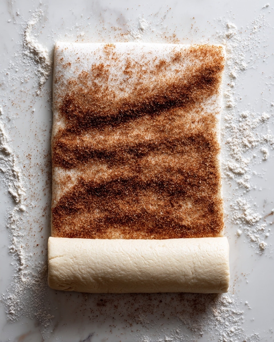A flat, pale dough rectangle lays on a white marbled surface with some scattered flour around it. The dough has an even layer of white sugar and brown cinnamon powder spread across the middle two-thirds, leaving the edges clean. The bottom part of the dough is already rolled up, forming a thick, soft cylinder, while the rest remains flat, showing the clear contrast between the smooth dough and the grainy sugar-cinnamon mix. Photo taken with an iphone --ar 4:5 --v 7