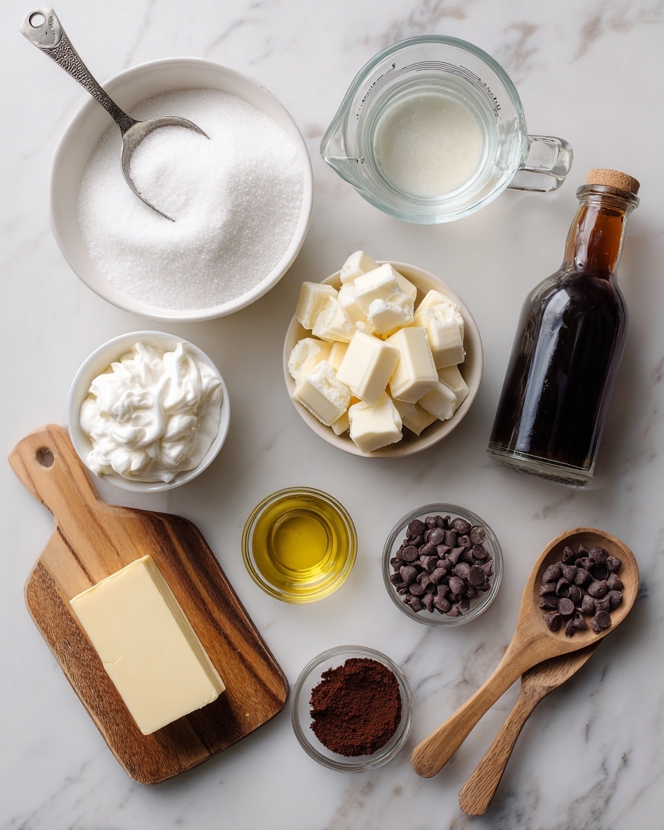 The image shows a white marbled surface with several baking ingredients arranged neatly. At the top left is a white bowl filled with white granulated sugar and a metal scoop resting inside. To the right is a clear measuring cup with a colorless liquid labeled corn syrup. Below these, a small white container of fluffy white marshmallow cream has a spoon inside. In the center, white chocolate chunks are scattered on a small wooden board. To the right, a dark brown bottle labeled vanilla sits near a small clear cup of light yellow oil. At the bottom left, a stick of pale yellow butter is placed near a sieve holding dark brown cocoa powder. To the right of these, a clear glass measuring cup contains white cream, and a wooden spoon holds dark chocolate chips. All items are visible from above, spaced clearly on the white marbled background. Photo taken with an iphone --ar 4:5 --v 7