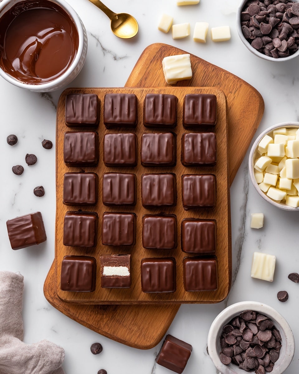 A wooden board with 25 chocolate-covered square pieces arranged in 5 rows and 5 columns sits on a white marbled surface. Each piece has a smooth dark brown chocolate top layer with slight wavy textures. One piece near the middle has a bite showing two layers underneath: a thick dark chocolate layer above a white layer. Above the board are small piles of white chunks and scattered dark chocolate chips, with a white bowl on the right filled with more dark chocolate chips. On the top left is a white bowl filled with melted chocolate and a gold spoon inside it. A few scattered chocolate chips lie around the bowls. photo taken with an iphone --ar 4:5 --v 7