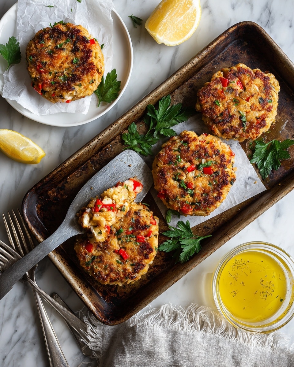 The image shows four golden-brown crab cakes with crispy, slightly charred edges sitting on a worn, dark metal baking tray. Each crab cake is round, about one layer thick, with pieces of red and green peppers visible on top and garnished with fresh green parsley leaves. One crab cake is lifted by a metal spatula with a dark handle. To the top left, two crab cakes rest on a white plate lined with white parchment paper, set on the white marbled surface. A lemon wedge is on the tray near two silver forks on the left side. To the right, there is a clear measuring cup with yellow melted butter and a folded grey cloth with frayed edges on the white marbled surface. The overall look is rustic and fresh. photo taken with an iphone --ar 4:5 --v 7