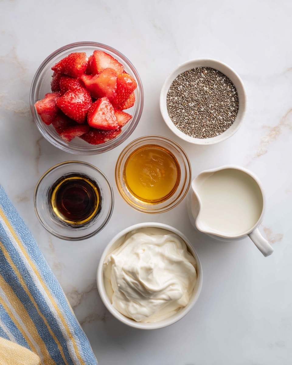 The image shows six small containers with ingredients placed on a white marbled surface. In the middle left, there is a clear glass bowl filled with bright red fresh strawberry pieces, showing a rough cut texture. Above it, a small white bowl holds grayish-brown chia seeds with a grainy texture. To the right of the chia seeds, a small clear glass bowl contains amber-colored maple or honey with a smooth liquid surface. Below that, a tiny clear glass bowl has dark vanilla extract with a thin liquid texture. Near the bottom center, a white bowl is filled with thick, creamy white Greek yogurt with some small peaks and swirls. To the right of the yogurt, a small white pitcher holds a light cream-colored milk with a silky surface. In the top right corner, part of a blue and white cloth with yellow stripes slightly enters the frame. The photo was taken with an iphone --ar 4:5 --v 7