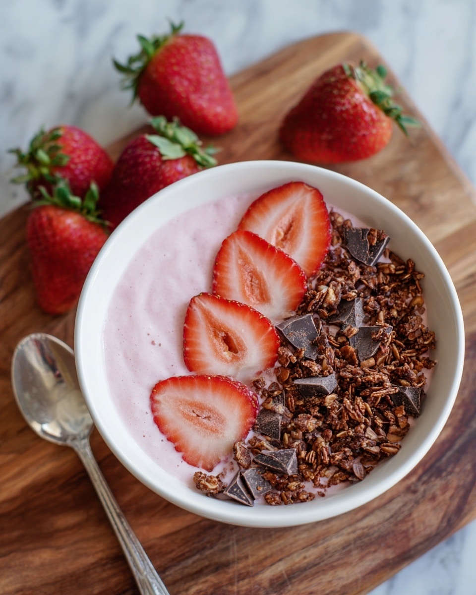 A white bowl filled with a light pink smoothie bowl, topped with three halved fresh strawberries on the left side and a generous mound of brown granola with small dark chocolate pieces on the right side. The bowl is set on a wooden surface with whole and halved strawberries around it, and a silver spoon rests beside the bowl on the left. The background is a white marbled texture. photo taken with an iphone --ar 4:5 --v 7