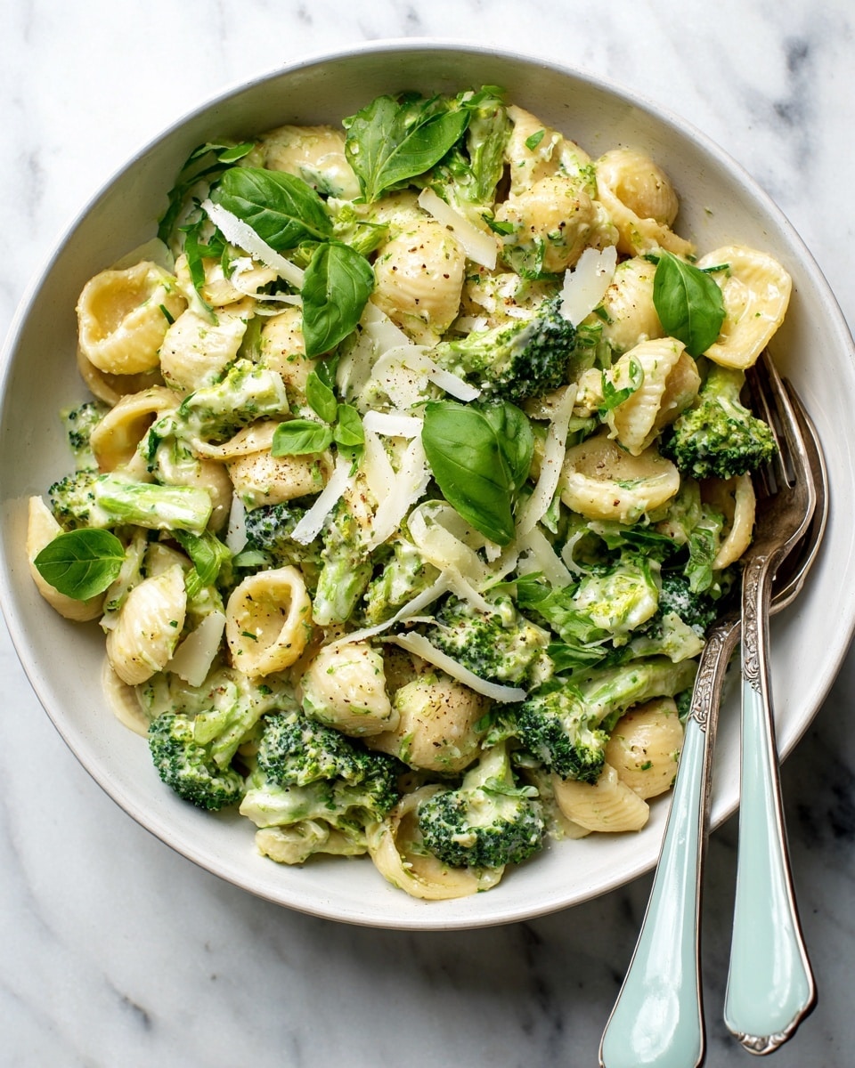 A white bowl filled with three layers of food: the bottom layer is light green and creamy sauce with small bits, the middle layer is pale yellow pasta shells coated in the sauce, and the top layer has bright green broccoli florets, thin light green slices, pale cream cheese shavings, and fresh green leaves. Two forks with light blue handles lay resting on the bowl’s edge. The photo is taken on a white marbled surface. Photo taken with an iphone --ar 4:5 --v 7