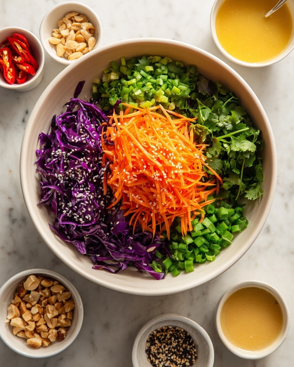 A white bowl on a white marbled surface holds a fresh salad with four visible layers: a large heap of finely shredded bright orange carrots in the center, next to deep purple cabbage sprinkled lightly with sesame seeds, vibrant green chopped scallions and cilantro on the sides. Around the bowl are small white containers holding light brown chopped nuts with red chili slices, pale toasted sesame seeds, a pale golden thick sauce, and a bright yellow dressing. The ingredients are colorful and fresh, arranged neatly with different textures. Photo taken with an iphone --ar 4:5 --v 7