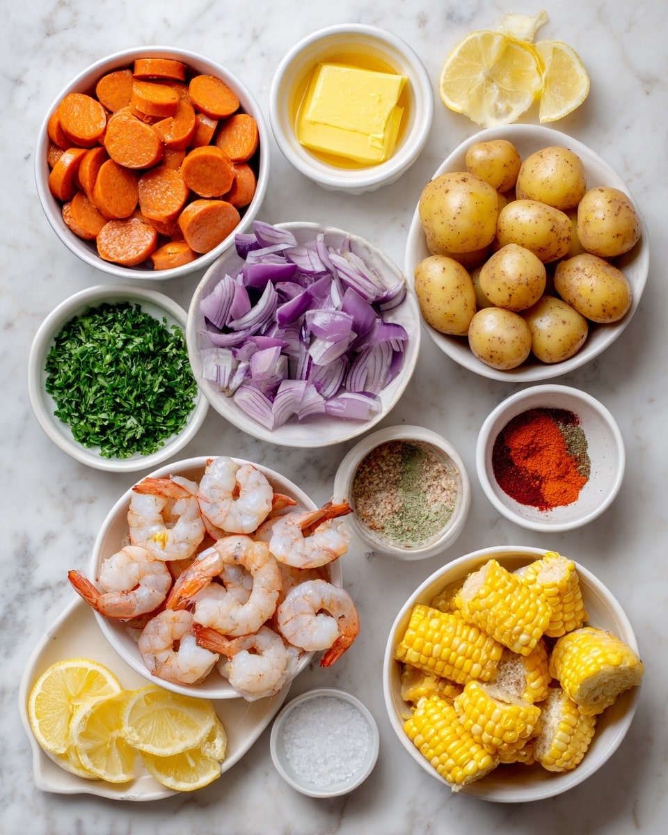 The image shows a flat lay of various small white bowls and a small white plate arranged on a white marbled surface, each filled with different raw ingredients. Starting from the top left, there is a white bowl filled with bright orange sliced Cajun-style chicken sausage, next to it a white bowl with small round golden baby potatoes, with a small white bowl of melted yellow butter next to that. Below the potatoes and butter is a white bowl with sliced purple and white red onion wedges, and beside it a small white bowl of deep red smoked paprika and another small white bowl with dark orange Old Bay seasoning. On the lower left, there is a white bowl with large raw shrimp with visible tails, a small white bowl filled with chopped fresh green parsley, and in the center bottom, a larger white bowl filled with pale yellow corn segments arranged in layers to show the kernels clearly. A small white plate holds several bright yellow lemon wedges in the bottom left corner. Finally, in the lower right corner, there are two small white bowls: one with fine white sea salt and the other with pale yellow garlic powder. All ingredients are neatly arranged on the white marbled surface. photo taken with an iphone --ar 4:5 --v 7