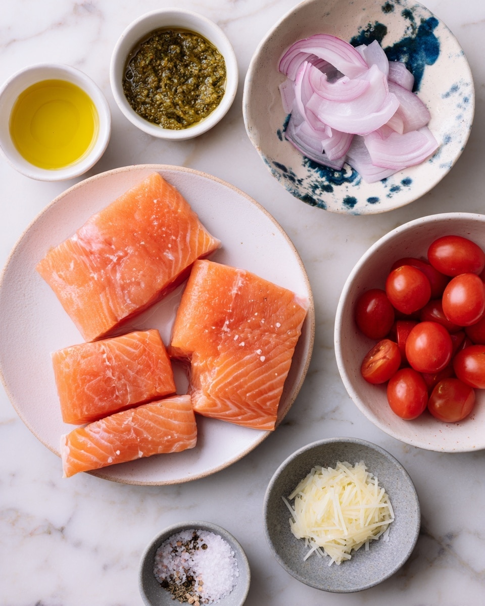 A set of ingredients is placed on a white marbled surface, including four pieces of raw salmon on a white plate with light pink edges, showing an orange-pink color with visible fat lines. To the top left, a small white bowl holds golden yellow olive oil. Next to it, a small white bowl contains green pesto with a chunky texture. Below the pesto, a white bowl with dark blue splashes holds thinly sliced pale pink shallots. To the right, a large white bowl is filled with bright red cherry tomatoes. Below the shallots, a small white bowl holds pale yellow parmigiano-reggiano shavings. A gray stone dish with coarse white sea salt and black pepper sits next to it. Everything is laid out neatly and clearly on the white marbled surface, photo taken with an iphone --ar 4:5 --v 7