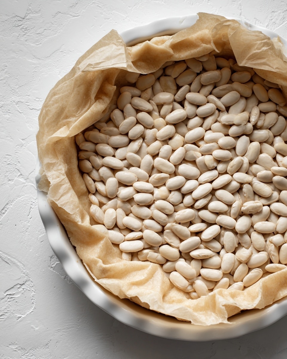 A close-up of a white pie dish with a light beige pie crust neatly pressed into it, the edges crinkled and extending slightly over the rim. Inside the crust, there is a layer of crumpled light brown parchment paper filled with many smooth, oval, off-white dry beans spread evenly across the surface. The dish sits on a white marbled texture, giving a clean and bright background. Photo taken with an iphone --ar 4:5 --v 7