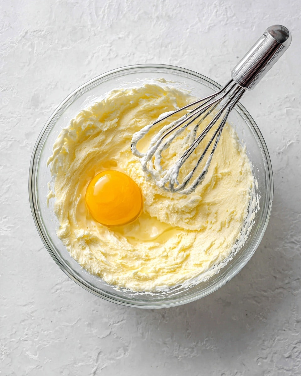A clear glass bowl sits on a white marbled surface, filled with a pale yellow, creamy mixture. In the center, a bright yellow egg yolk rests slightly surrounded by the soft, fluffy texture of the cream. A metal hand mixer with two beaters is partially submerged in the mixture on the right side, coated lightly with the creamy batter. The colors are soft, with the pale yellow cream contrasting against the bright yolk and the silver shine of the beaters. photo taken with an iphone --ar 4:5 --v 7
