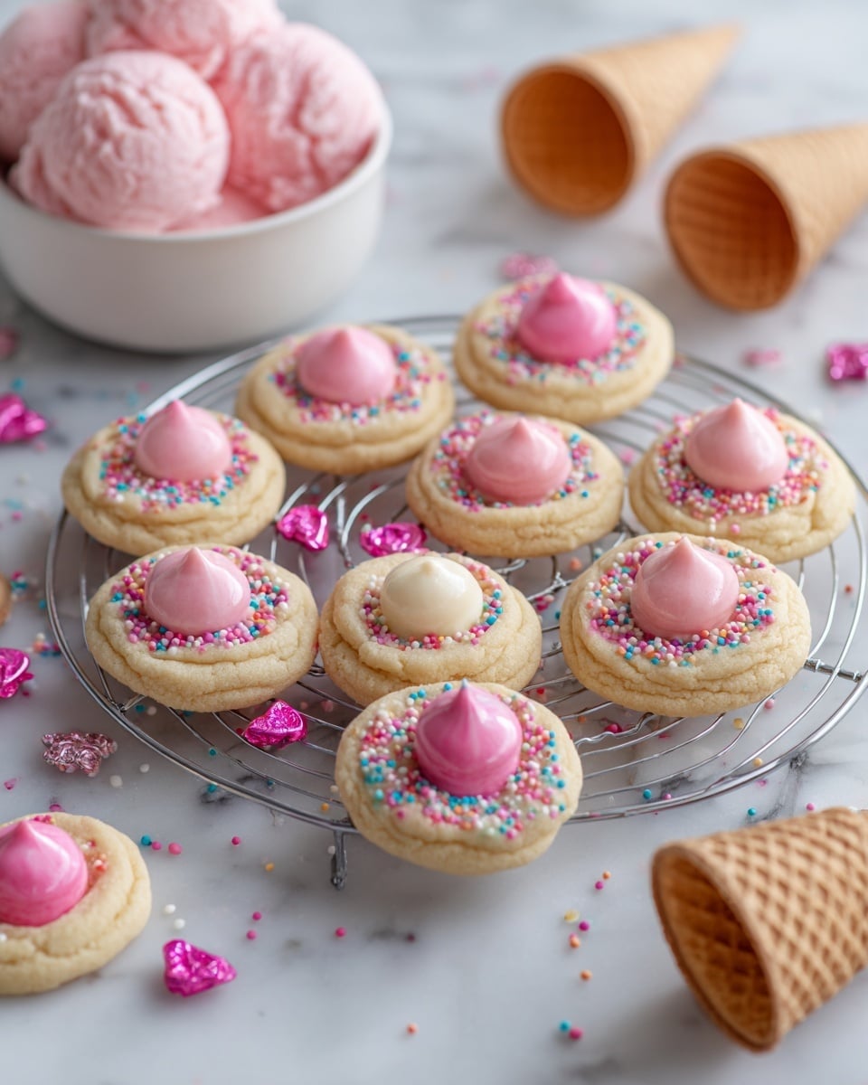 The image shows a group of light-colored cookies arranged on a round cooling rack and a white marbled surface. Each cookie has a smooth pink dollop in the center, with some cookies covered in small, round, colorful sprinkles around the edges, while others are plain. Scattered between the cookies are shiny pink foil-wrapped candy pieces. In the background, there is a white bowl filled with several pink ice cream scoops that have small darker pink spots. Two empty waffle cones lie nearby on the white marbled surface, partially open. The scene is bright and softly lit, with a clean and simple look. Photo taken with an iphone --ar 4:5 --v 7