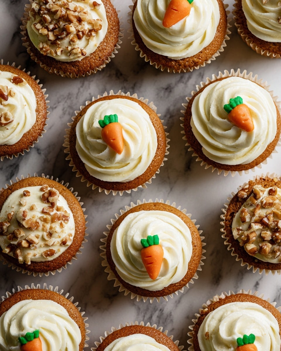 The image shows many carrot cupcakes arranged closely on a surface with white marbled texture. Each cupcake has a light brown base with a paper liner and is topped with two different styles of white cream frosting: some swirled high with small nut pieces sprinkled on top, others flat with a small orange and green carrot-shaped icing decoration in the center. The cream is smooth and glossy, and the cupcakes are evenly spaced yet fill the frame, showing texture details on both the cake and frosting. photo taken with an iphone --ar 4:5 --v 7