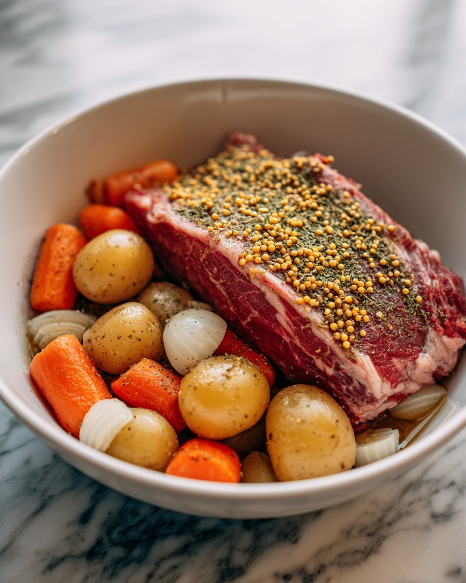 A white bowl holds a base layer of small round light brown potatoes mixed with bright orange baby carrots and thinly sliced white onion rings. On top, there is a large piece of raw pinkish-red meat with a fat layer on one side, sprinkled with yellow mustard seeds, dried green herbs, and some light tan powder. The bowl is placed on a white marbled surface. Photo taken with an iphone --ar 4:5 --v 7