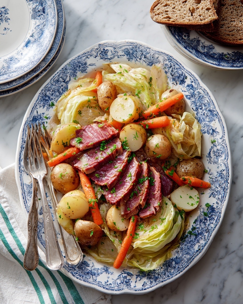 A large white plate with blue floral patterns holds a layered dish starting with a base of cooked pale cabbage leaves arranged around the edges. Sitting on top of the cabbage are small roasted baby potatoes with light brown skins and bright orange cooked baby carrots scattered evenly. The center is filled with multiple slices of pink and reddish cooked meat with a bit of fat on the edges, neatly fanned out across the plate. The dish is garnished with small green parsley bits sprinkled lightly over the meat. A vintage silver fork and two-pronged meat fork rest on the bottom edge of the plate. The plate sits on a white marbled surface with a white cloth napkin featuring green and blue stripes beside it. Part of a white plate with a blue floral pattern and a piece of sliced brown bread on a white marbled bread board are visible nearby. Photo taken with an iphone --ar 4:5 --v 7