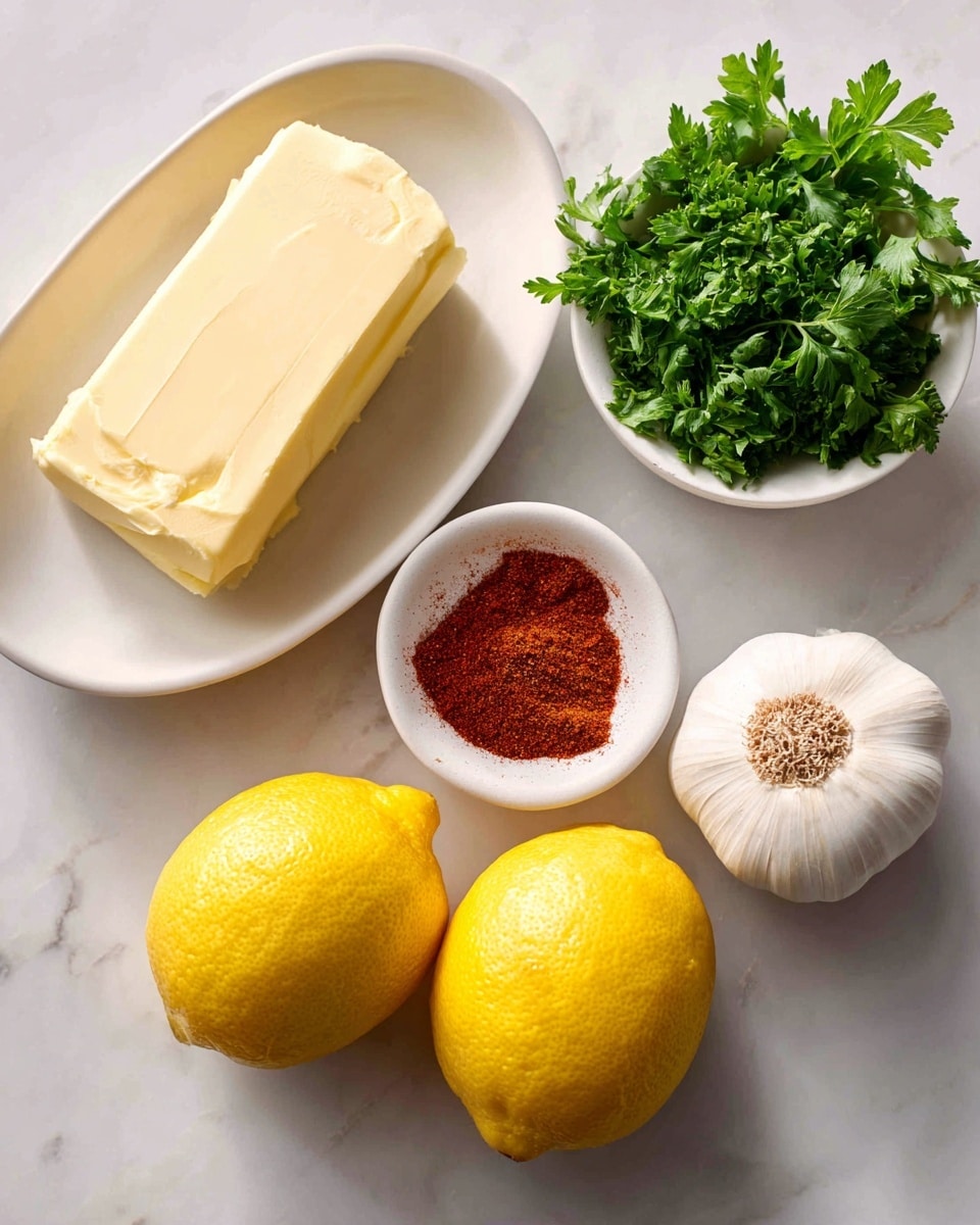 The image shows five ingredients arranged on a white marbled surface: a white plate holding a thick stick of pale yellow unsalted butter on the left side, a small white bowl filled with reddish-brown Cajun seasoning powder below the butter, two whole bright yellow lemons positioned to the right of the seasoning, a whole bulb of fresh garlic with pale skin placed below the lemons, and a small white bowl filled with chopped fresh parsley with bright green leaves above the lemons. Photo taken with an iphone --ar 4:5 --v 7