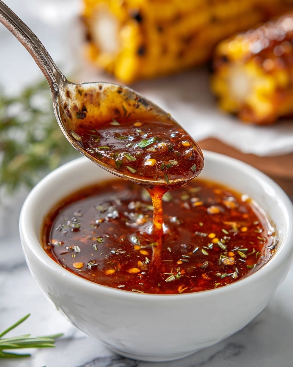 A close-up of a white ceramic bowl filled with a shiny, reddish-brown, oily sauce that has herbs and spices mixed in. A silver spoon is lifted above the bowl, holding a thick layer of the sauce with visible bits of seasoning and herbs. In the blurred background, there is a roasted corn ear and some pieces of seasoned food resting on white parchment paper over a white marbled surface. Photo taken with an iphone --ar 4:5 --v 7
