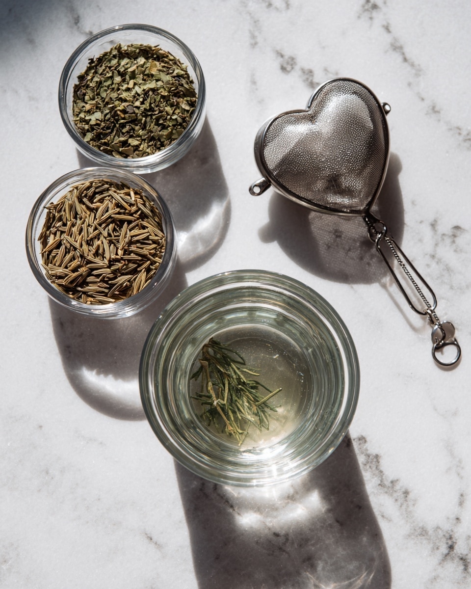 The image shows a top view of three clear glass containers placed on a white marbled surface. On the left, there are two small round bowls stacked vertically; the top bowl has green dried mint leaves, and the bottom bowl has light brown dried rosemary needles. To the right of these bowls is a round glass cup with a heart-shaped glass infuser inside, filled with clear water. Above the cup, there is a silver tea infuser with a chain and hook. The scene is bright and clean with natural light highlighting the textures and colors of the herbs and glass. Photo taken with an iphone --ar 4:5 --v 7