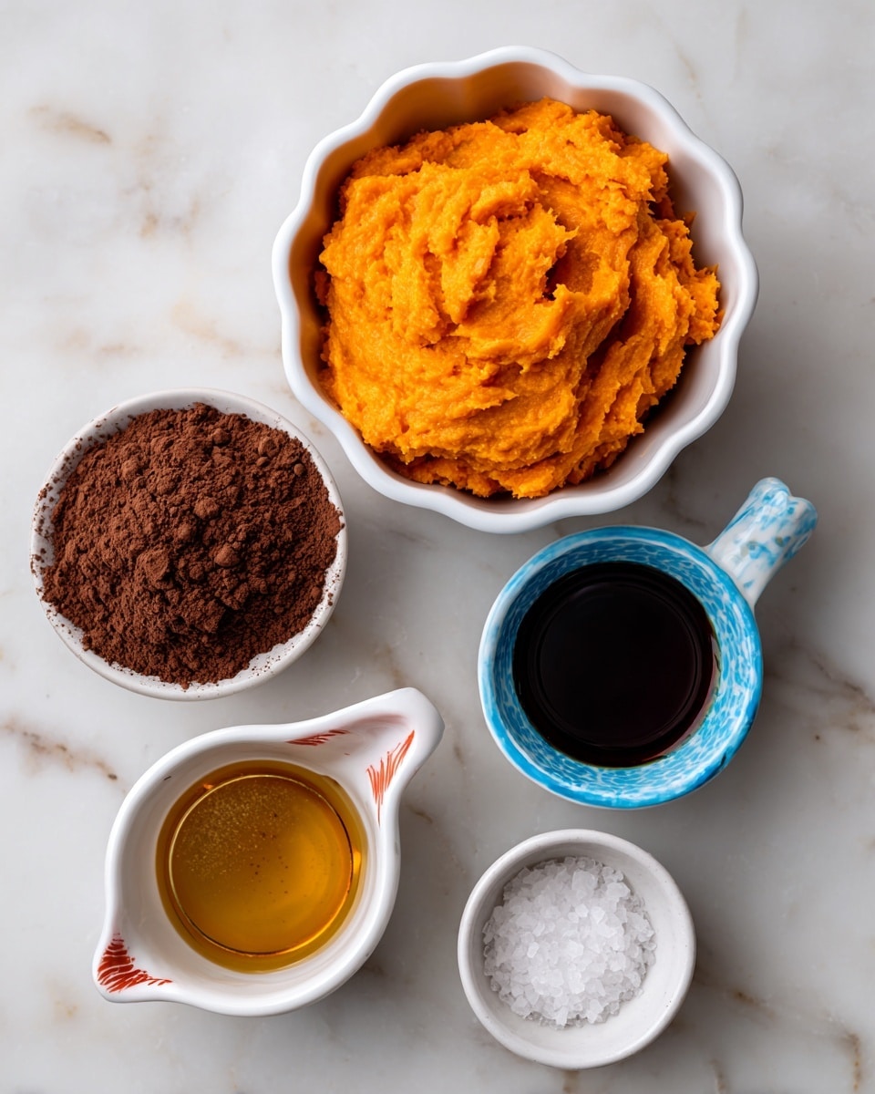 The image shows five white cups and bowls arranged on a white marbled surface, each holding a different ingredient. At the top center is a white bowl with scalloped edges filled with bright orange sweet potato puree that looks smooth and creamy. Below to the left is a white measuring cup filled with dark brown cocoa powder that has a dry, powdery texture. To the right of the cocoa is a small white cup with a blue rim holding a dark brown vanilla liquid, smooth and glossy. Below the vanilla is a white measuring cup with a red rim filled with thick, shiny golden honey. Finally, at the bottom left is another small white cup with a blue rim containing a small pile of coarse white salt crystals. photo taken with an iphone --ar 4:5 --v 7