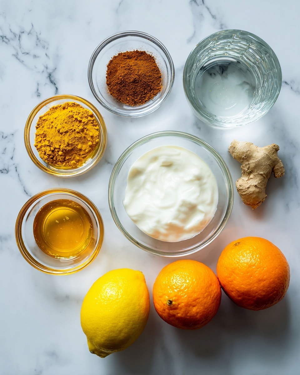 The image shows several small clear glass bowls and whole fruits arranged on a white marbled surface. One bowl holds brown cinnamon powder next to bright yellow turmeric powder, the next bowl contains golden honey, and a third bowl is filled with smooth white nonfat Greek yogurt. A small chunk of pale yellow ginger root is placed near the honey bowl. Two bright orange oranges and one yellow lemon are placed near a clear glass of water, creating a colorful and fresh look with orange, yellow, white, and golden tones. The ingredients are spaced evenly and labeled with simple black text above or beside each item. Photo taken with an iphone --ar 4:5 --v 7