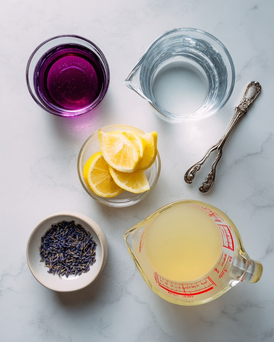 The image shows five clear glass containers arranged on a white marbled surface. At the top left, there is a small bowl filled with bright purple-red lavender syrup. To the right, there is a small glass pitcher filled with clear water. Below the syrup, there is a small bowl with three thick, pale yellow lemon slices. At the bottom left, a small bowl contains a few dark purple dried lavender flowers with a rough texture. At the bottom right, a larger glass measuring cup holds cloudy, pale yellow lemon juice, with red measurement markings visible on the side. A pair of ornate silver tongs rests near the water pitcher. The scene is well lit and simple, photo taken with an iphone --ar 4:5 --v 7