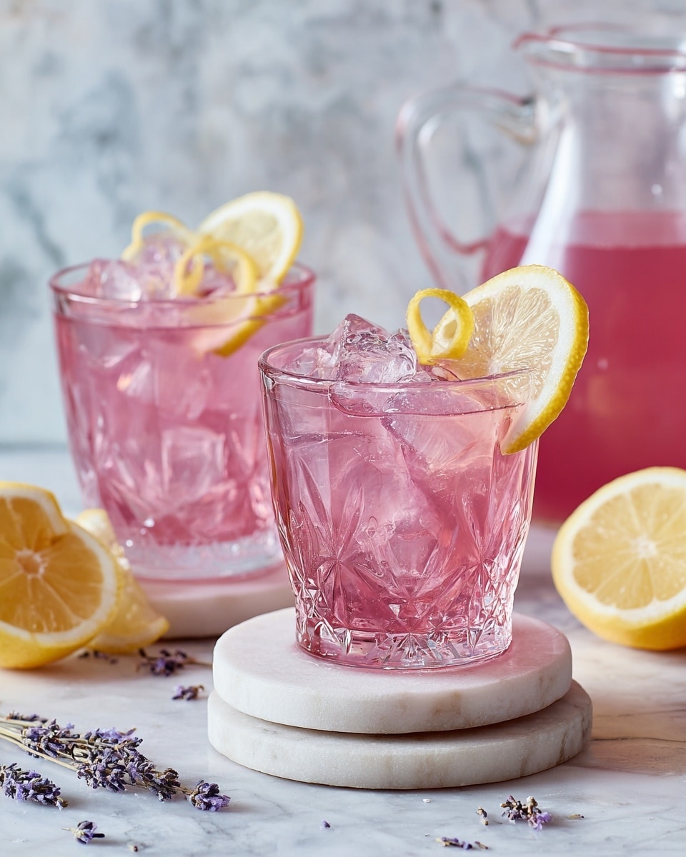 This image shows two short clear glasses filled with a pink liquid and ice cubes. Each glass has a thin lemon slice on the rim and lemon peel twists on top of the ice. The glasses have a decorative cut-glass pattern. One glass is in the front placed on two stacked white marble coasters, and another is slightly behind it on a white marbled surface. Small dried lavender flowers are scattered around on the surface, along with some lemon wedges. In the background, a clear pitcher holds more of the pink drink. The whole setup is on a white marbled surface with a matching white marbled wall behind. photo taken with an iphone --ar 4:5 --v 7
