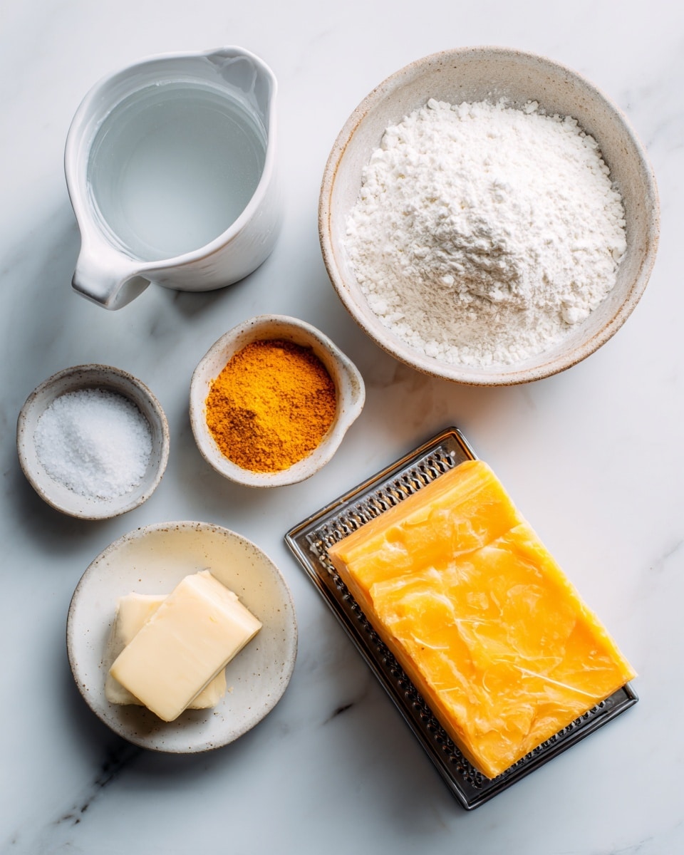 The image shows six ingredients placed on a white marbled surface. In the top left, there is a white jug filled with clear ice water. Below it, there is a rustic bowl filled with a heap of white all-purpose flour. To the right of the flour, there is a small white bowl with bright orange garlic powder and above it, another small white bowl contains light beige seasoning salt. Below the flour and slightly to the left is a small block of pale yellow butter. On the right side of the image, there is a large rectangular block of bright orange cheddar cheese resting on a metal grater with a slightly worn texture. The arrangement is neat and the ingredients are well lit with soft, natural light, showing their textures clearly. Photo taken with an iphone --ar 4:5 --v 7