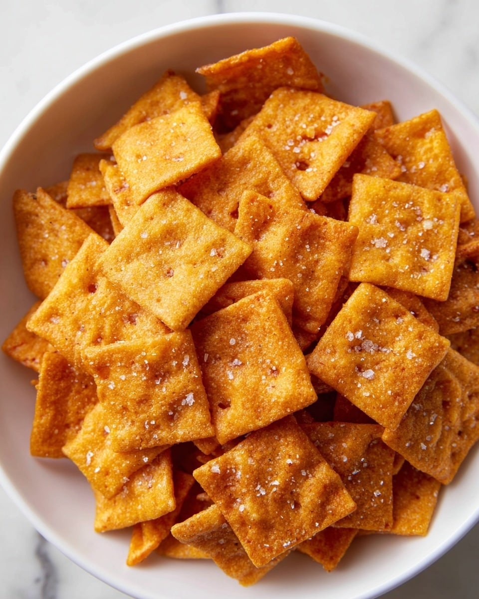 A close-up view of a white bowl filled with small, orange, square-shaped snacks. Each square has a slightly rough, crispy texture with tiny holes in the center, and the surface shows some salt crystals sparkling. The snack pieces overlap each other inside the bowl, with a soft light highlighting their crunchy look. The bowl sits on a white marbled surface, adding a clean and bright feel to the image. photo taken with an iphone --ar 4:5 --v 7