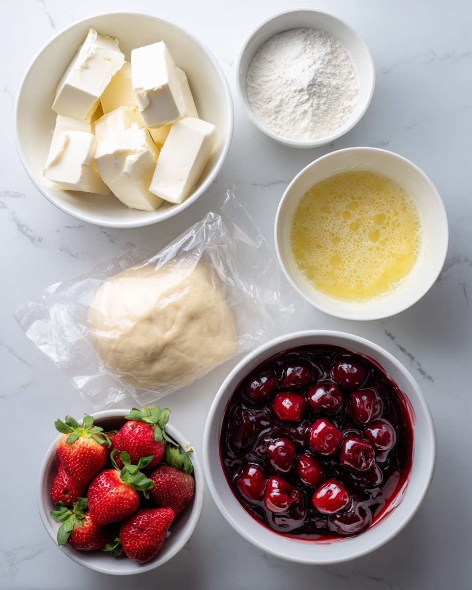 The image shows six white bowls and a clear plastic bag with ingredients arranged on a white marbled surface. The top left bowl contains six large, white cubes of cream cheese. To the right, a smaller white bowl holds fine white powdered sugar. Next to it, another white bowl filled with melted yellow butter shows some bubbles. Below, a small white bowl is filled with whole fresh red strawberries with green tops. On the bottom right, a white bowl is filled with bright red cherry pie filling that looks glossy and thick. The clear plastic bag at the bottom left holds a light yellow dough inside. The image looks clean and bright, with the items spaced evenly. photo taken with an iphone --ar 4:5 --v 7
