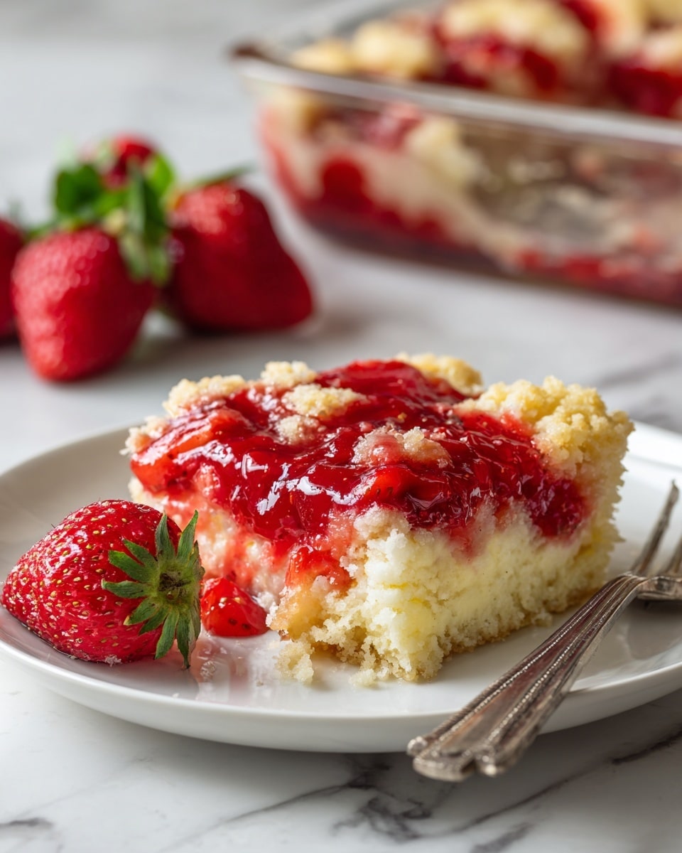 The image shows a rectangular glass baking dish with a two-layer dessert. The top layer is a golden-brown, slightly cracked crust with a rough, crumbly texture covering the whole dish except for a removed section in the bottom right corner. Underneath, the second layer is a bright red strawberry filling with a shiny, thick jelly-like texture. On top near the center, two halved strawberries with green tops lay side by side, adding fresh color. The dish is placed on a white marbled surface with a white cloth featuring small black dots partially visible on the bottom left. Photo taken with an iphone --ar 4:5 --v 7