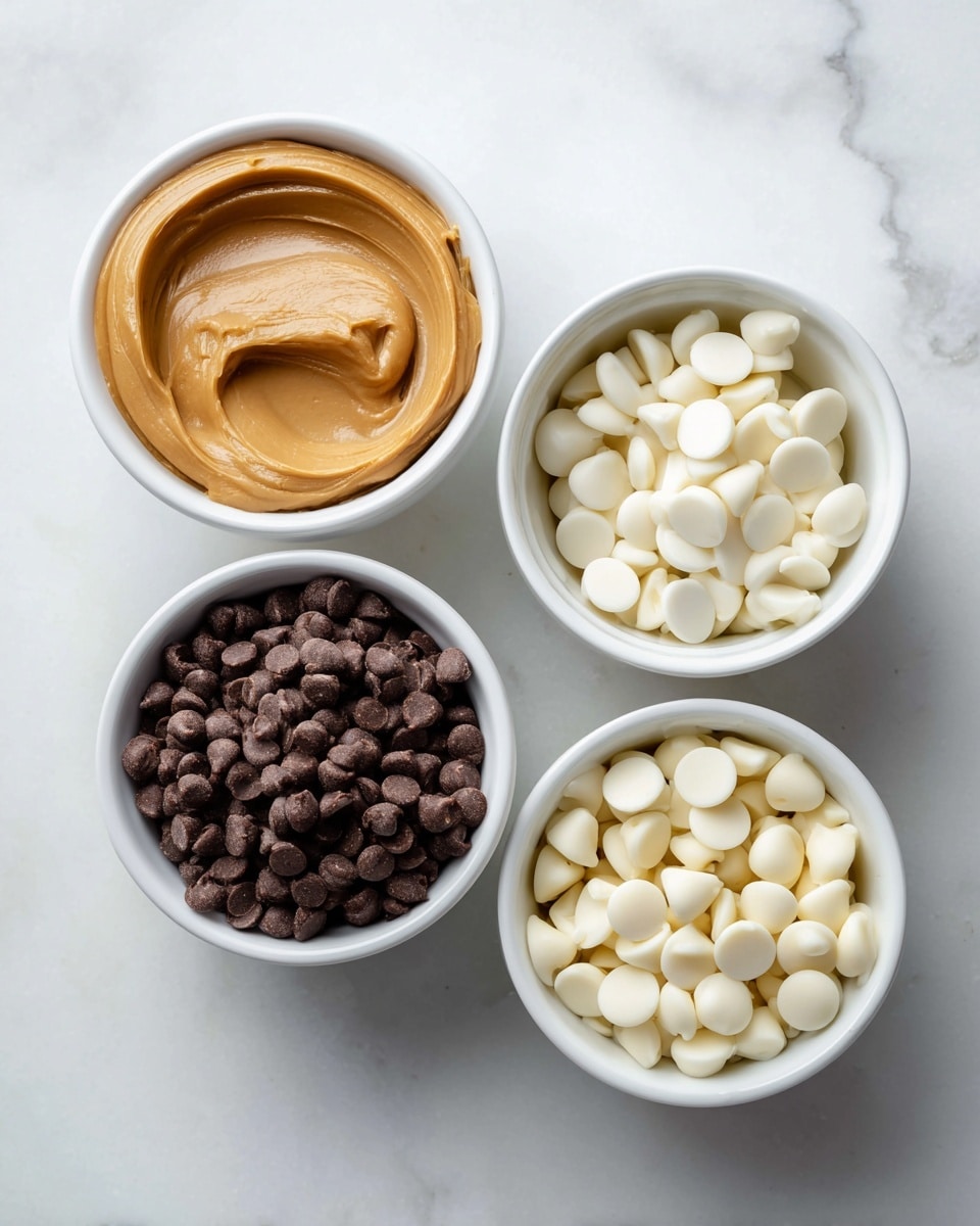 The image shows four clear bowls on a white marbled surface, each filled with different ingredients. The largest bowl at the bottom is filled with about four cups of small, round, creamy white baking chips that have a smooth texture. To the top left, a medium bowl holds three-quarters of a cup of creamy peanut butter, smooth and spread evenly in a circular motion. Above and slightly to the right is a small white bowl filled with three-quarters of a cup of milk chocolate chips, which are darker brown and shiny. To the right center, a tiny clear bowl contains one and a half teaspoons of clear vegetable oil, with a smooth, glassy liquid surface. photo taken with an iphone --ar 4:5 --v 7