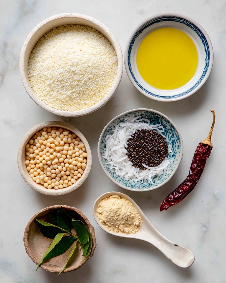 The image shows a top view of several small bowls and ingredients placed on a white marbled surface. In the top left, a large bowl contains white, grainy rice rava. To its right is a white bowl with a blue rim filled with light yellow oil. Below the rice rava is a small beige bowl holding dark mustard seeds. Under the oil is a white bowl with a blue rim holding soft, shredded white coconut. To the right of this bowl, a single dried red chili is placed flat on the surface. Below the mustard seeds, another beige bowl contains round, pale urad dal. A white spoon with a small amount of light beige hing powder rests next to the chili. At the bottom of the frame, a small brown bowl holds fresh, green curry leaves. The overall setup is neatly arranged on the white marbled surface, with a clean and simple look. photo taken with an iphone --ar 4:5 --v 7