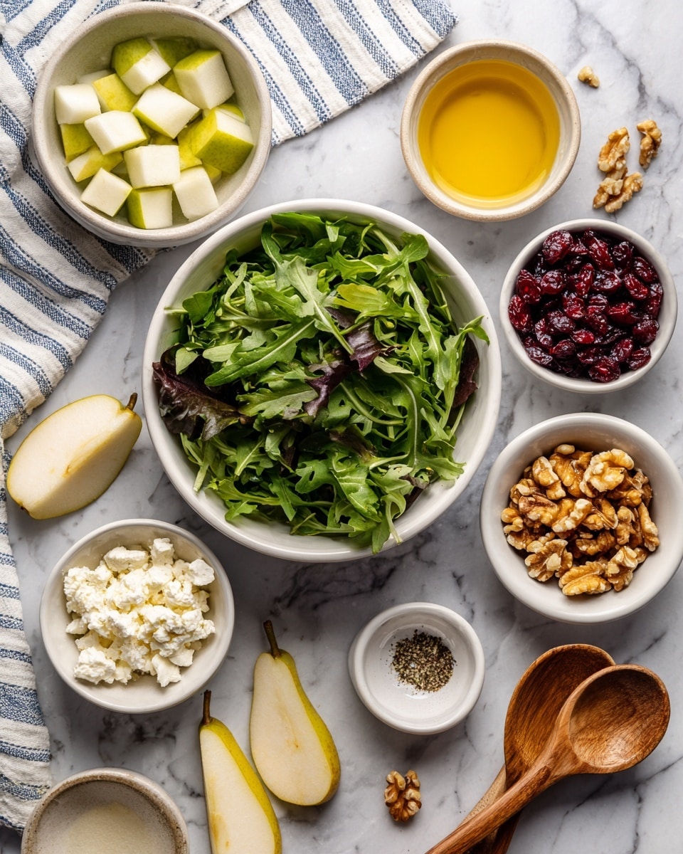A white bowl filled with a mix of baby arugula leaves, featuring green and some dark purple shades, sits at the bottom center. Above it, several small white bowls hold different ingredients: diced pears with green skin and light flesh on the left, dried red cranberries in the middle, and crumbled white gorgonzola cheese below them. To the right, a white bowl of broken walnuts is placed next to small white bowls containing yellow olive oil, light beige apple cider vinegar, golden honey, and pale yellow Dijon mustard. Wooden spoons with coarse salt and black pepper lie nearby. The whole setup is placed on a surface with a white marbled texture, with a striped white and blue cloth in the upper left corner and scattered pieces of pear and greens around the bowls. Photo taken with an iphone --ar 4:5 --v 7