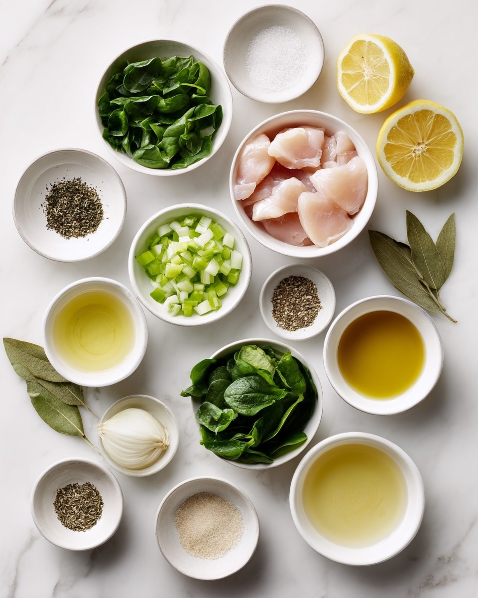 The image shows small white bowls arranged in a neat circle on a white marbled surface, each filled with a different ingredient. In the center, a white bowl holds light pink pieces of chicken breast. Surrounding it are bowls with bright green celery pieces, chopped white onions, fresh dark green spinach leaves, and a bowl of golden olive oil shining under the light. Also present are small white dishes with pale yellow lemon juice, a clear liquid chicken broth, and white wine. Bowls contain fine brown oregano and thyme, bay leaves, coarse salt and black pepper mix, and a slightly thicker beige powder labeled as thickener. The whole layout is clean, bright, and colorful with white bowls making the colors pop. Photo taken with an iphone --ar 4:5 --v 7