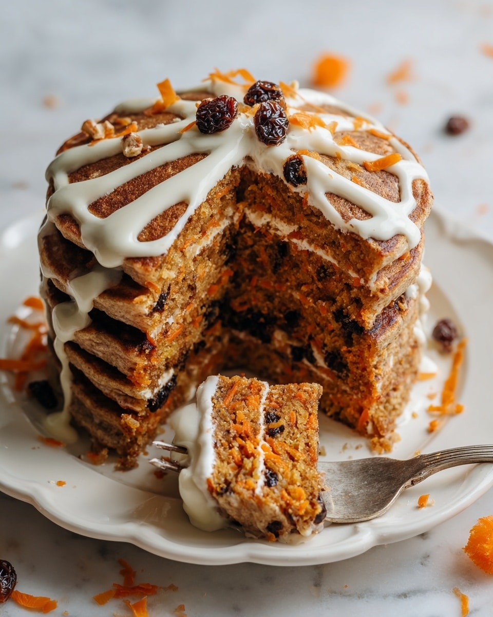 A stack of five thick, round carrot cake pancakes sits on a white plate with a scalloped edge, placed on a white marbled surface. The pancakes have a rough texture with visible pieces of carrot and dark raisins inside. A slice is cut out from the stack, showing the layered orange and brown inside. White cream is drizzled in thick lines across the top pancake in a star pattern, with three dark raisins placed at the center. Some cream is also spread lightly on the bottom slice held by a silver fork. Scattered carrot shreds and raisins surround the plate. Photo taken with an iphone --ar 4:5 --v 7