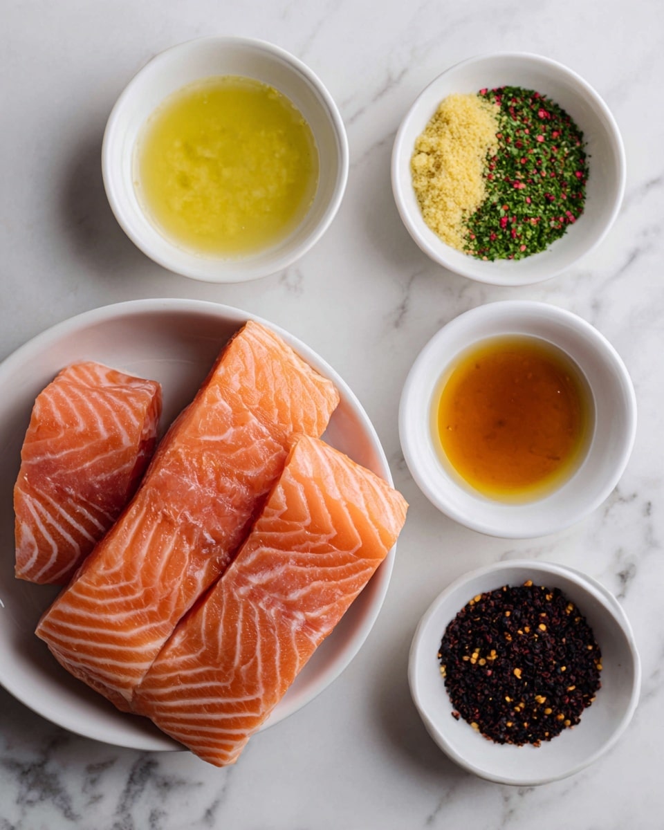 The image shows a white bowl at the bottom left holding two pieces of raw salmon with a smooth, pink-orange texture and visible light lines in the flesh. Surrounding the bowl are four small white bowls arranged on a white marbled surface: top left contains pale yellow lime juice, top center holds a mixture of spices including bright green lime zest, pale yellow ginger paste, black pepper, and red chili flakes, top right is filled with amber-colored sesame oil with a shiny surface, and bottom right has dark brown coconut aminos with a smooth texture. The arrangement is neat and clean, with each bowl clearly showing its contents. Photo taken with an iphone --ar 4:5 --v 7