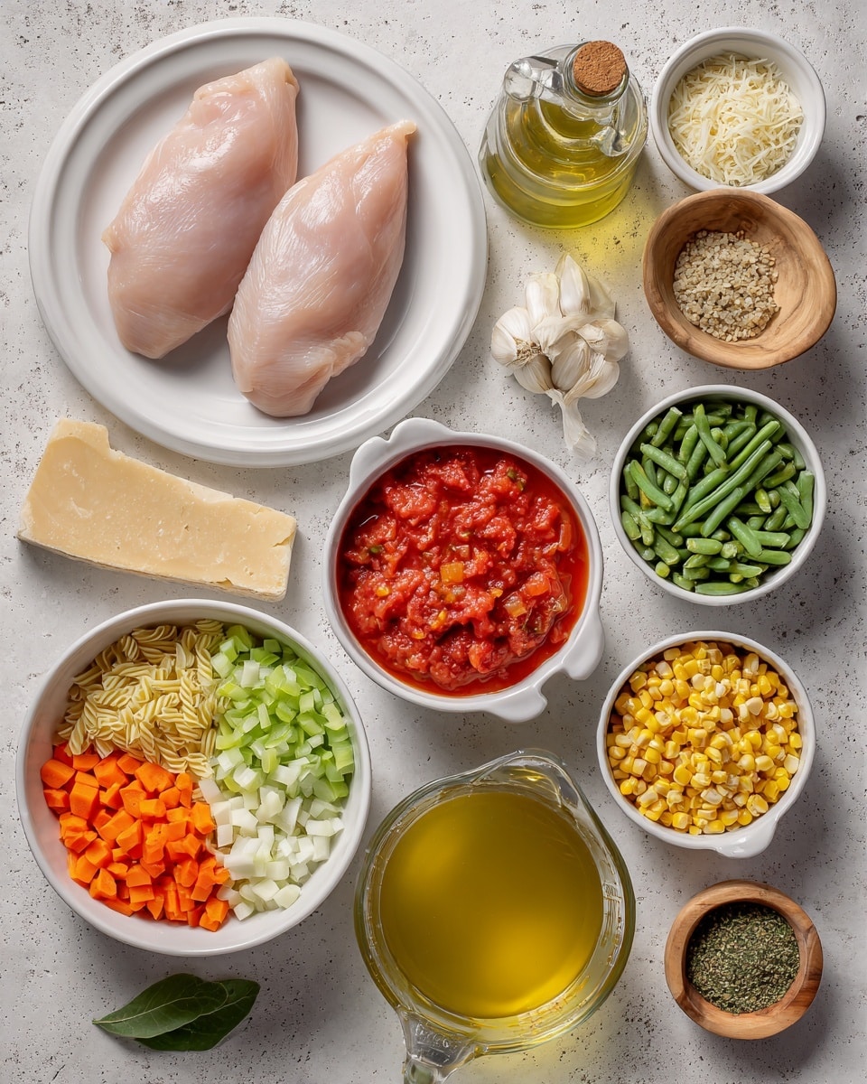 The image shows a white marbled background with various white bowls and plates arranged with ingredients for cooking. In the center, there is a white plate with two raw chicken breasts. Below this plate is a large white bowl divided into three sections with chopped orange carrots on the left, diced white onion at the bottom, and chopped green celery on the right. To the bottom right is a clear glass measuring cup filled with yellow chicken stock, next to it sits an open can of red crushed tomatoes. Above these is a small bottle of olive oil. On the top right, there are bowls with green beans, yellow corn, and a mix of dried green herbs and red spices. To the left of these is a small white bowl with chopped garlic and next to it is a small bowl with a piece of yellow Parmesan cheese rind on a white plate. On the left side, there is a small bowl of dried yellow alphabet pasta, a bowl of green peas, and two wooden bowls with salt and black pepper. A single green bay leaf is placed near the dried pasta bowl. Everything is evenly spaced and clearly visible, photo taken with an iphone --ar 4:5 --v 7