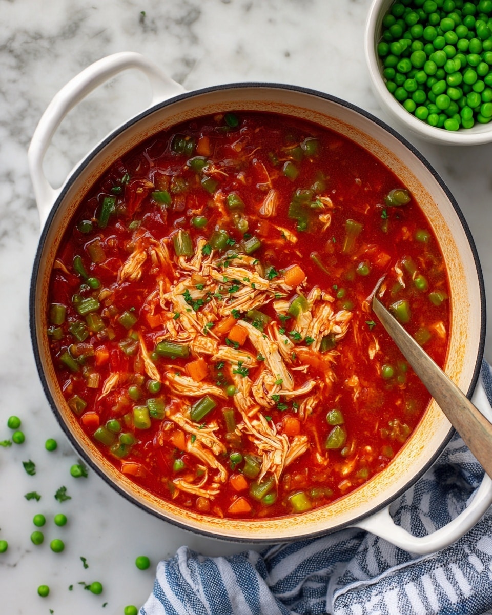 A large white pot filled with a thick red tomato-based soup that has visible small pieces of green celery, orange carrots, and green beans mixed throughout. On top of the soup is a pile of light beige shredded chicken pieces with a soft texture. Around the pot, there is a white small bowl with bright green peas and a few peas scattered on the white marbled surface. A blue and white striped cloth is partly visible near the bottom right corner. Photo taken with an iphone --ar 4:5 --v 7