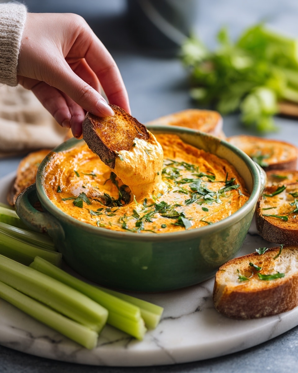 The image shows a green bowl filled with thick orange dip, topped with green herbs. A woman's hand is holding a toasted slice above the bowl, dipping it into the dip. Around the bowl, there are fresh green celery sticks and toasted bread slices on a white marbled surface. The scene looks cozy and inviting, with the focus on the creamy dip and the woman's hand reaching for it. Photo taken with an iphone --ar 4:5 --v 7