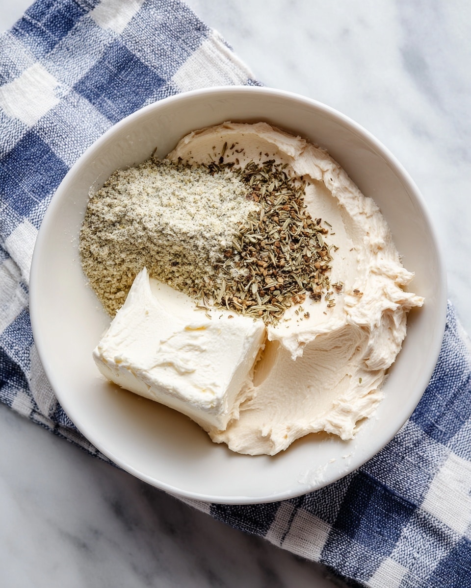 A white bowl sits on a white marbled surface with a blue and white checkered cloth partly under it. Inside the bowl are three layers of ingredients: in the bottom left is a solid block of cream cheese with a smooth, pale cream texture; on the top left next to it is a heap of dry, pale green herb seasoning powder with small dark flecks; on the right side is a thick, light pinkish beige creamy layer that looks soft and smooth. The ingredients are placed side by side without mixing photo taken with an iphone --ar 4:5 --v 7