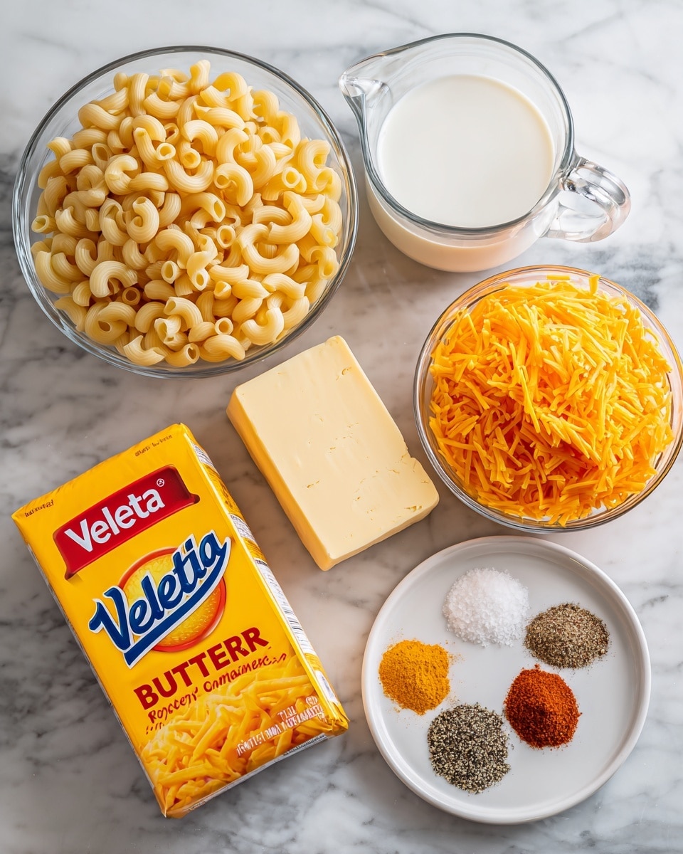 The image shows ingredients for making macaroni and cheese arranged neatly on a white marbled surface. In the top left, there is a clear bowl filled with dry elbow macaroni pasta that is light yellow and curved. To the right, a clear glass measuring cup holds white whole milk. Below the macaroni bowl is a yellow and red Velveeta cheese box with the word