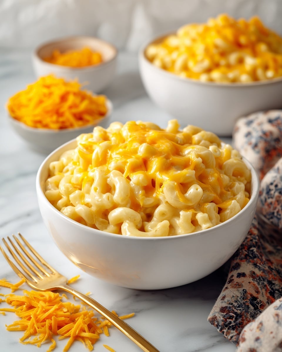A white bowl filled with creamy macaroni and cheese is placed on a white marbled surface. The macaroni layer is smooth and covered with melted cheddar cheese, showing a rich golden yellow color with a soft texture. Nearby, loose shredded cheese adds a touch of bright orange to the scene, along with another bowl filled with shredded cheddar cheese slightly out of focus in the background, all on the same white marbled texture. A golden fork sits to the right of the bowl. Photo taken with an iphone --ar 4:5 --v 7
