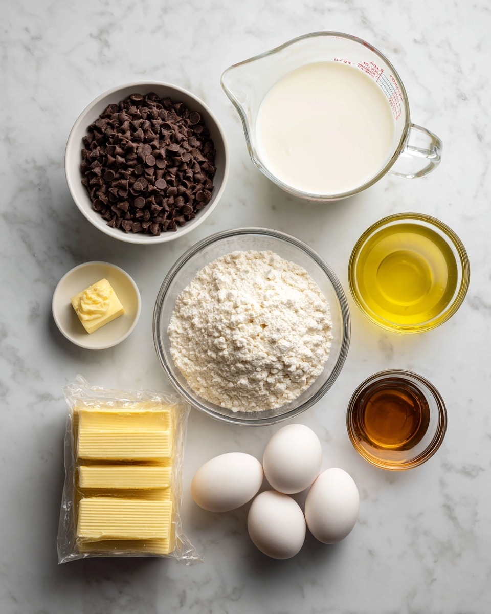 The image shows several ingredients arranged neatly on a white marbled surface. At the top left is a white bowl filled with dark brown chocolate chips. To the right of the bowl is a clear glass measuring cup filled with white milk. Below the milk is a smaller clear glass measuring cup with white heavy whipping cream. In the center is a larger clear bowl filled with golden olive oil. To the left of the olive oil is a very small white dish holding a dollop of yellow butter. Below the butter is a clear plastic bag filled with light yellow cake mix. To the right of the cake mix are two white eggs placed close together. Below the eggs are two yellow boxes of vanilla jell-o stacked slightly askew. Near the jell-o is a clear glass bowl with water. At the bottom right corner is a small white bowl with amber-colored vanilla extract. All items are clearly labeled with black text. Photo taken with an iphone --ar 4:5 --v 7