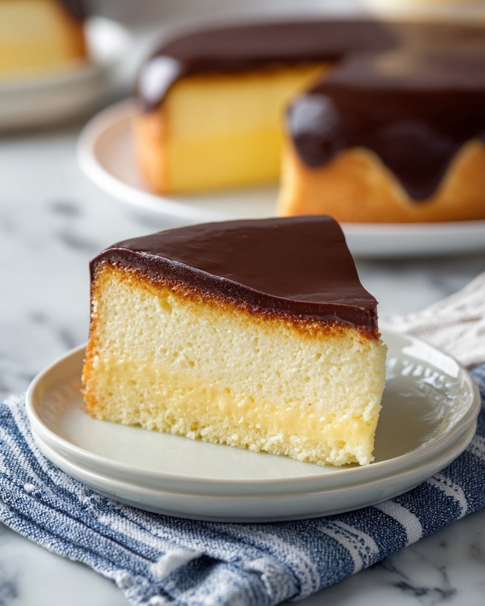 The image shows a single piece of cake with three clear layers on a white plate. The bottom layer is a light yellow, soft, and fluffy sponge cake. The middle layer is creamy and smooth, pale yellow pudding or custard that sits evenly above the sponge. The top layer is a thick, shiny dark chocolate ganache spread evenly and slightly glossy. The cake piece is placed on a white marbled surface with a blue and white striped cloth partially visible under the plate. Photo taken with an iphone --ar 4:5 --v 7