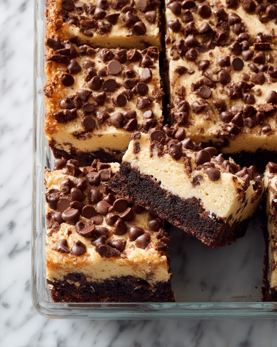 A close-up of a baked dessert cut into square slices in a clear glass pan. The base layer is dark brown and looks soft. The middle layer is a creamy light tan with a slightly rough texture, spread evenly over the base. On top, there are many scattered small and medium light brown chocolate chips. The edges are golden brown, crunchy, and raised slightly. The background surface is white marbled. photo taken with an iphone --ar 4:5 --v 7
