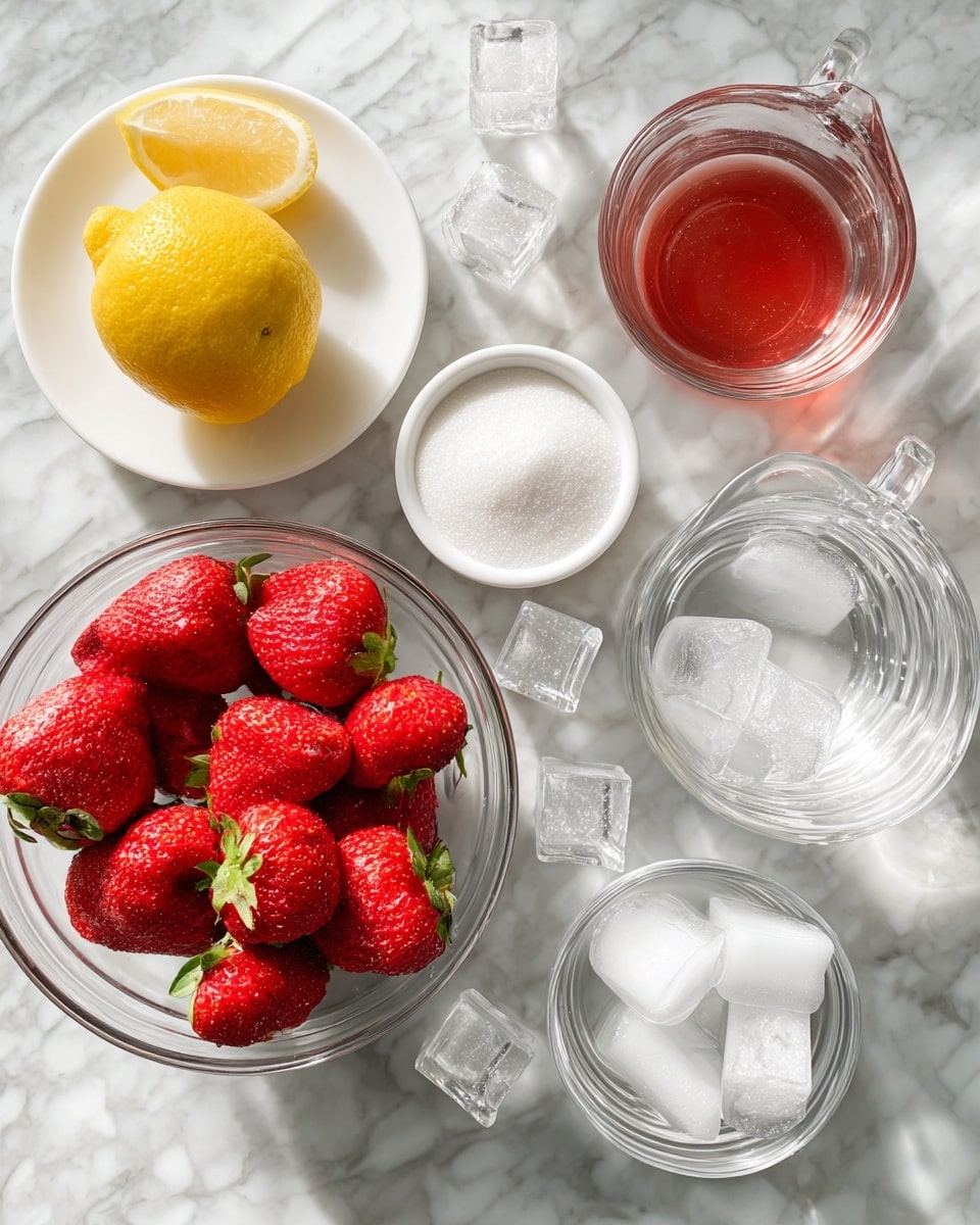 The image shows several clear glass bowls and white bowls arranged on a white marbled surface. There is one white bowl with 1 cup of sugar, another white bowl with 1 cup of sugar for strawberry simple syrup, and a larger glass bowl with 4 cups of fresh strawberries. A large glass bowl contains 6 cups of water for the strawberry simple syrup, and another glass bowl holds 3 cups of water. A white plate holds 4 to 5 family size tea bags, and a bright yellow lemon is placed next to them. Ice cubes are scattered near the lemon, adding a clear crystalline sparkle. The setup is bright and neat, with everything clearly separated and labeled. Photo taken with an iphone --ar 4:5 --v 7