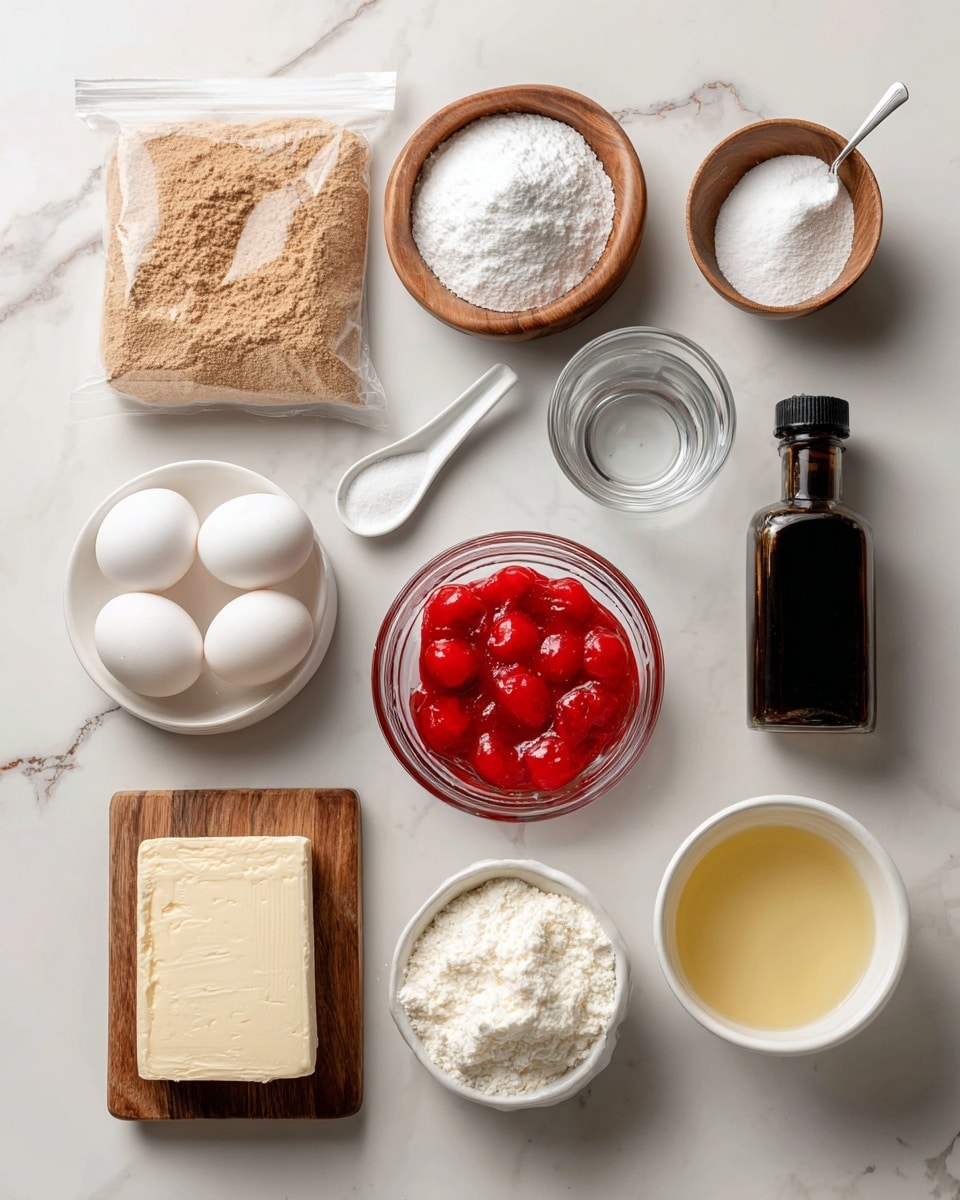 The image shows various ingredients for a recipe arranged neatly on a white marbled surface. At the top left is a clear plastic bag with light brown powder labeled 18.3 oz brownie mix. To its right is a wooden bowl filled with white powdered sugar, labeled 3/4 cup. Below the brownie mix is a white container holding three white eggs. In the middle is a small clear glass with water labeled 1/4 cup, and beside it is a clear bowl filled with bright red cherry pie filling, labeled 1 1/2 cup. A white spoon with a white powder labeled 1 tbsp flour is placed below the cherry filling. Next to it is a wooden board holding a block of white cream cheese labeled 8 oz. Below the eggs is a dark bottle labeled 1/2 tsp vanilla extract. Beside it is a white bowl with pale yellow oil labeled 1/2 cup. Above them is a small clear container filled with light cream labeled 1/4 cup heavy cream. photo taken with an iphone --ar 4:5 --v 7