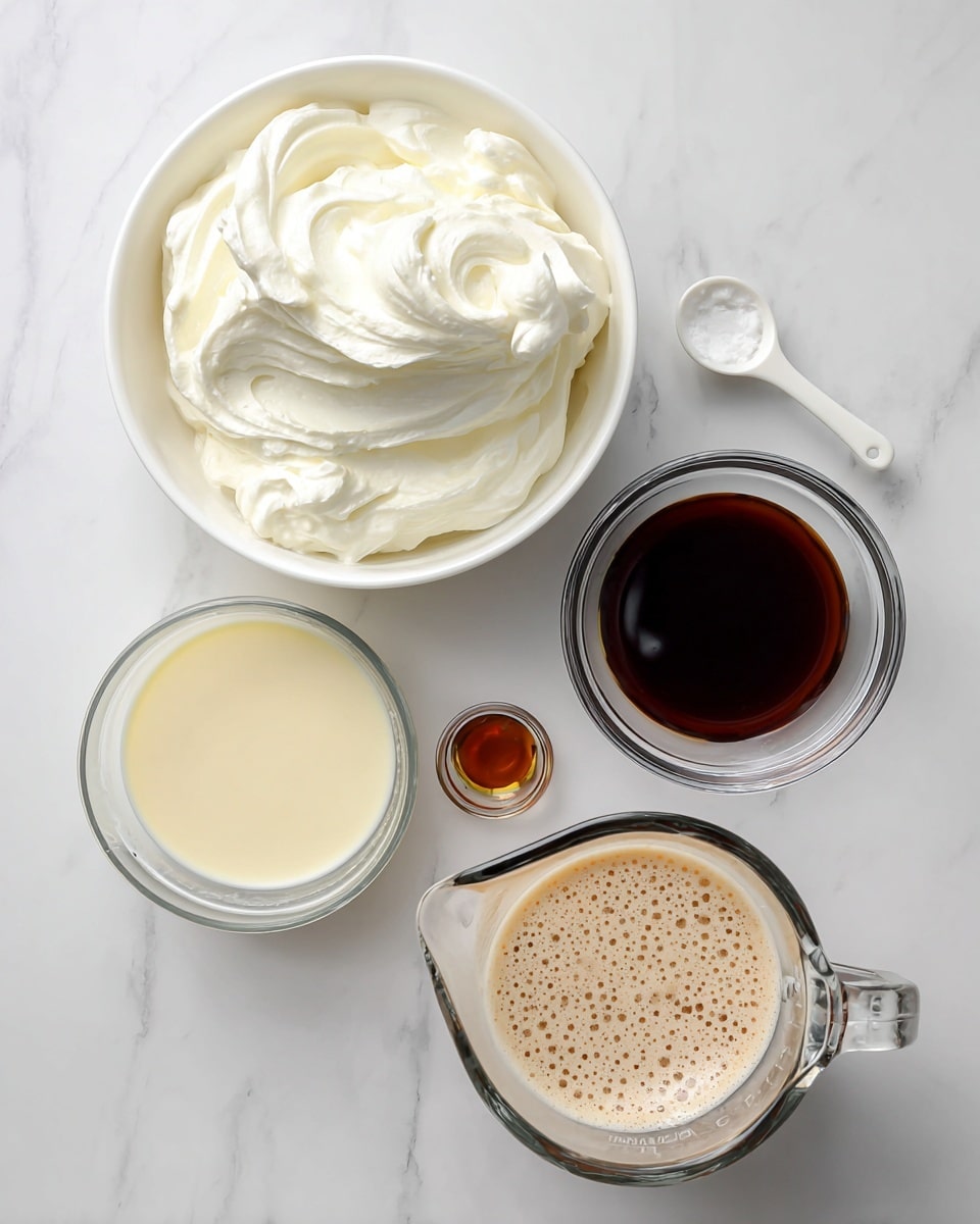 A top-down view of four clear containers on a white marbled surface, each holding different ingredients with black handwritten text labeling them. At the top left is a white bowl filled with 8 ounces of Cool Whip, showing a smooth, creamy white texture. To its right is a small clear bowl with 2 tablespoons of dark brown vanilla extract, a white measuring spoon resting inside. Below the Cool Whip is a small clear bowl holding 300 ml of pale yellow sweetened condensed milk with a glossy, thick texture. Next to it, at the bottom right, is a clear measuring cup filled with 8 cups of light brown 1% chocolate milk, visible bubbles on the surface, and a handle on the right side. Photo taken with an iphone --ar 4:5 --v 7
