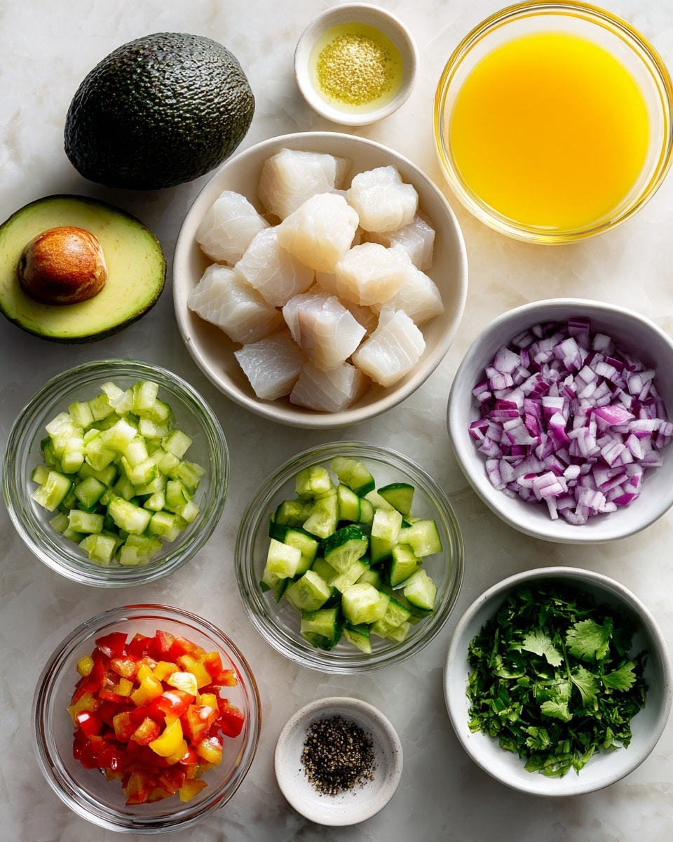 The image shows nine small white bowls and clear glass bowls arranged on a white marbled surface. The largest bowl in the center holds white fish cubes with a soft, slightly translucent texture. Above it, a whole avocado with dark green, bumpy skin sits next to a clear bowl of bright yellow-orange juice. To the right are three white bowls: one with finely chopped deep purple and white red onion, one filled with light greenish-yellow lime juice, and another with small, bright red tomato cubes. Below the fish, there are smaller bowls with finely chopped light green cucumber, bright green chopped cilantro, diced dark green jalapeno, finely grated dark green lime zest, and a clear bowl containing white salt and black pepper. The ingredients are neatly arranged showing fresh and vibrant colors. Photo taken with an iphone --ar 4:5 --v 7