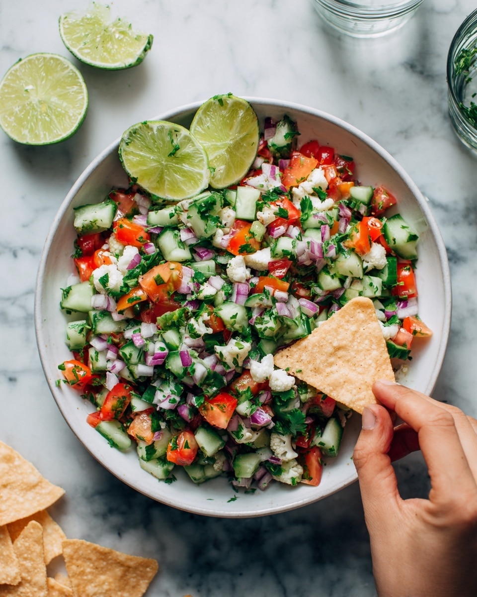 A white bowl is filled with a fresh mix of finely chopped red onions, green cucumbers, white cauliflower, red tomatoes, and green cilantro. On the left side inside the bowl, there are two lime wedges placed upright. A woman's hand is dipping a triangular light beige chip into the colorful vegetable mix. The bowl sits on a white marbled surface with blurred out glasses and lime wedges in the background. photo taken with an iphone --ar 4:5 --v 7