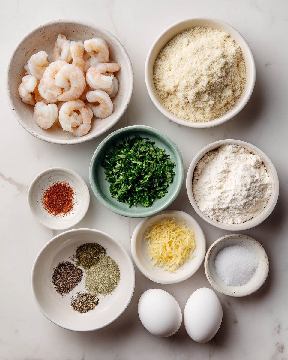 A top-down view of eight small white bowls and two white eggs arranged on a white marbled surface. The largest bowl at the top left holds peeled shrimp with a pale pink and white color. To its right is a bowl filled with light beige breadcrumbs. Below these, a medium bowl of white flour sits at center right. A smaller bowl of green chopped parsley is placed below the shrimp to the left. Next to parsley on the right is a bowl with yellow lemon zest. A small bowl of mixed black pepper and white salt is to the left of the flour. A small bowl of reddish-brown seafood seasoning powder is positioned below the parsley bowl. The two white eggs are near the bottom right. Each bowl's texture and ingredient colors are clear and distinct, all set on a clean white marbled surface. photo taken with an iphone --ar 4:5 --v 7