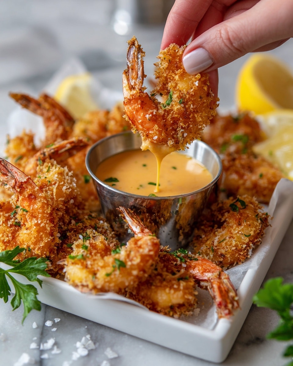 The image shows a small white tray filled with golden-brown breaded shrimp with visible small green herb pieces in the coating. The shrimp have orange tails sticking out, and one shrimp is being dipped into a small round metal bowl of creamy orange sauce held by a woman's hand. The shrimp's textured crispy coating contrasts with the smooth sauce. The tray sits on a white marbled surface, with a cut lemon partially visible on the right side and some green parsley leaves blurred in the foreground. There are also small white salt grains scattered on the surface near the tray. photo taken with an iphone --ar 4:5 --v 7