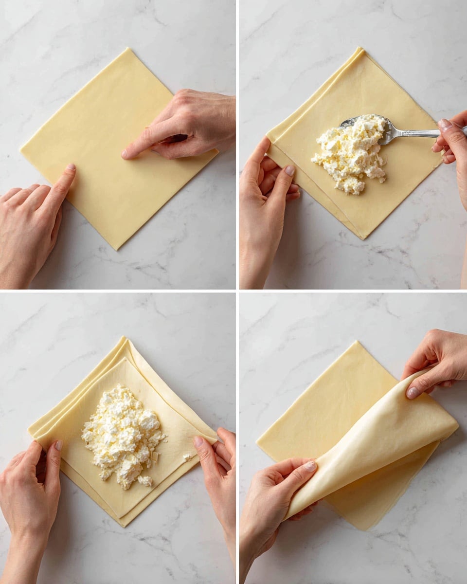 A sequence of four images showing steps to fill and fold a thin square dough sheet on a white marbled surface. The first layer is a smooth, light yellow dough square with a woman's finger pointing at the center. The second shows a spoon placing a small mound of white creamy cheese filling with bits of texture in the middle of the dough square. In the third image, a woman's hand starts folding the dough diagonally, lifting one corner over the filling, creating soft, translucent, cream-colored folds. The fourth image shows the dough now folded into a triangle, held gently by both hands, with the filling enclosed inside. Photo taken with an iphone --ar 4:5 --v 7